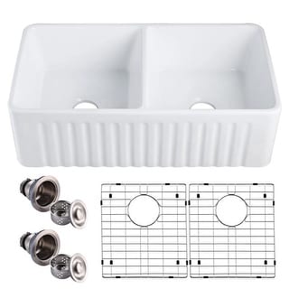Kitchen Sink Rectangular White Ceramic Sinks Grid Double Bowl 33