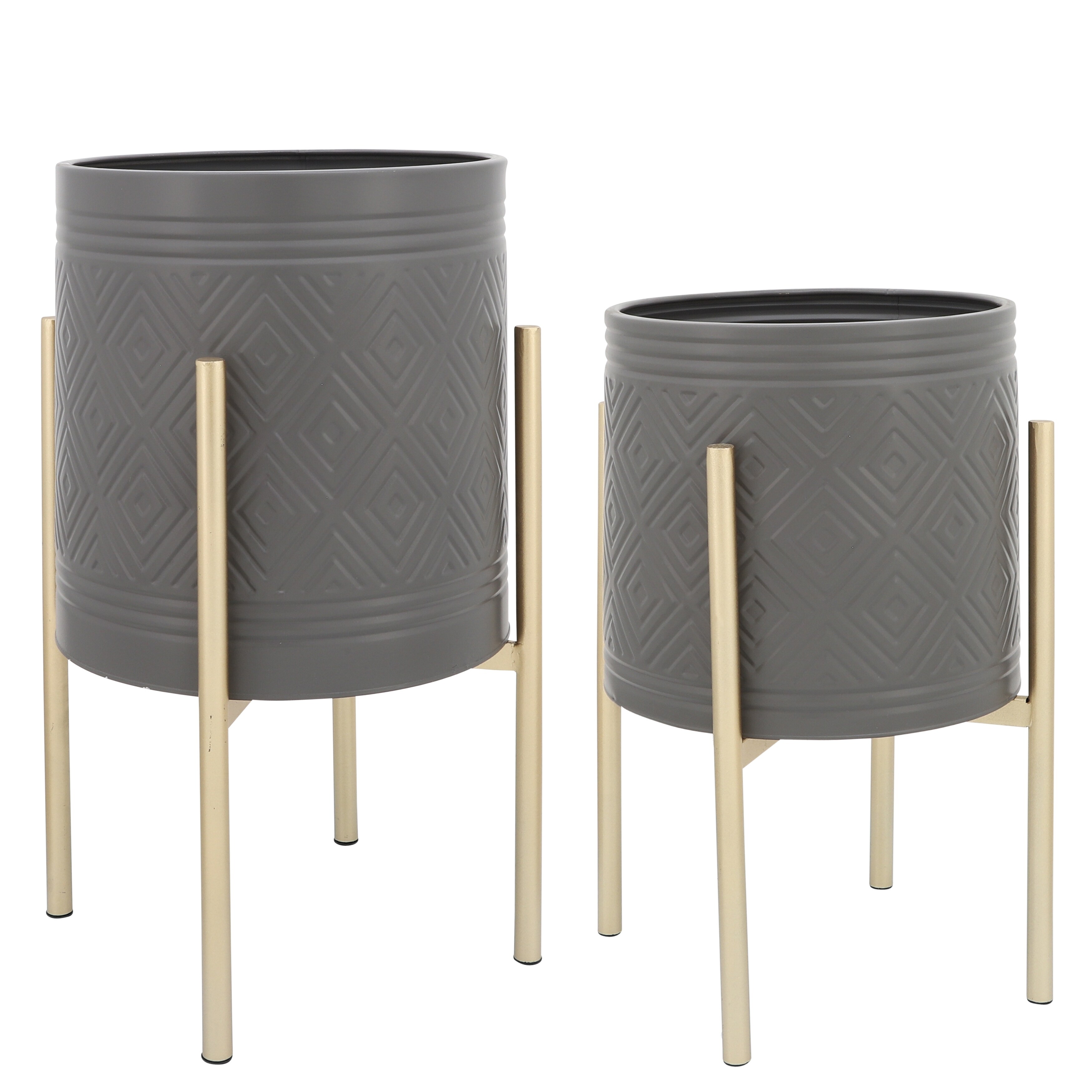 Set of 2 Aztec Planter On Metal Stand, Gray, gold 23.0"H - 14.0" x 14.0" x 23.0"