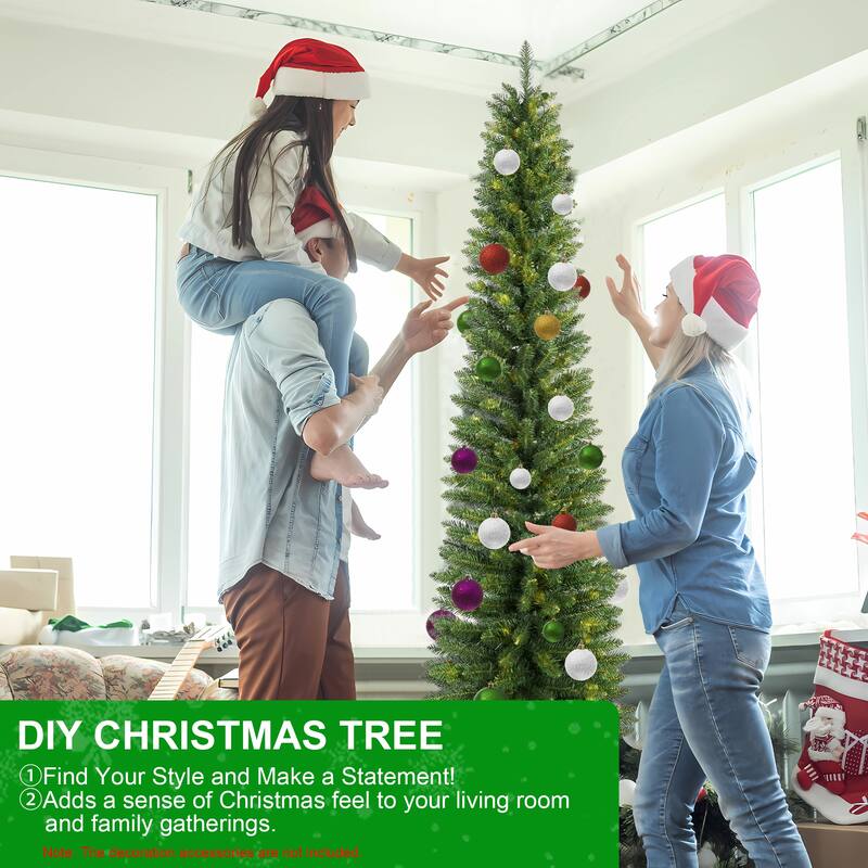 7FT Green Pencil Christmas Tree - Slim PVC Tree with 469 Tips, Space-Saving Design, Stable Metal Stand