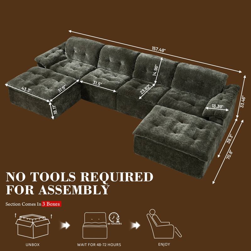 Rossetta 4-Seater Chenille Upholstery Modular Convertible Design Generous Seating Cushioned Sofa with 2 Versatile Ottomans