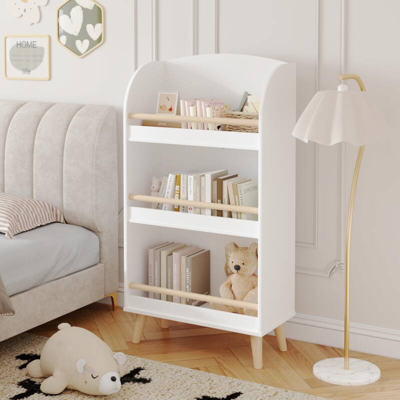 Anmytek White Arched Top Kids Bookshelf Nursery and Playroom Storage with Pine Legs