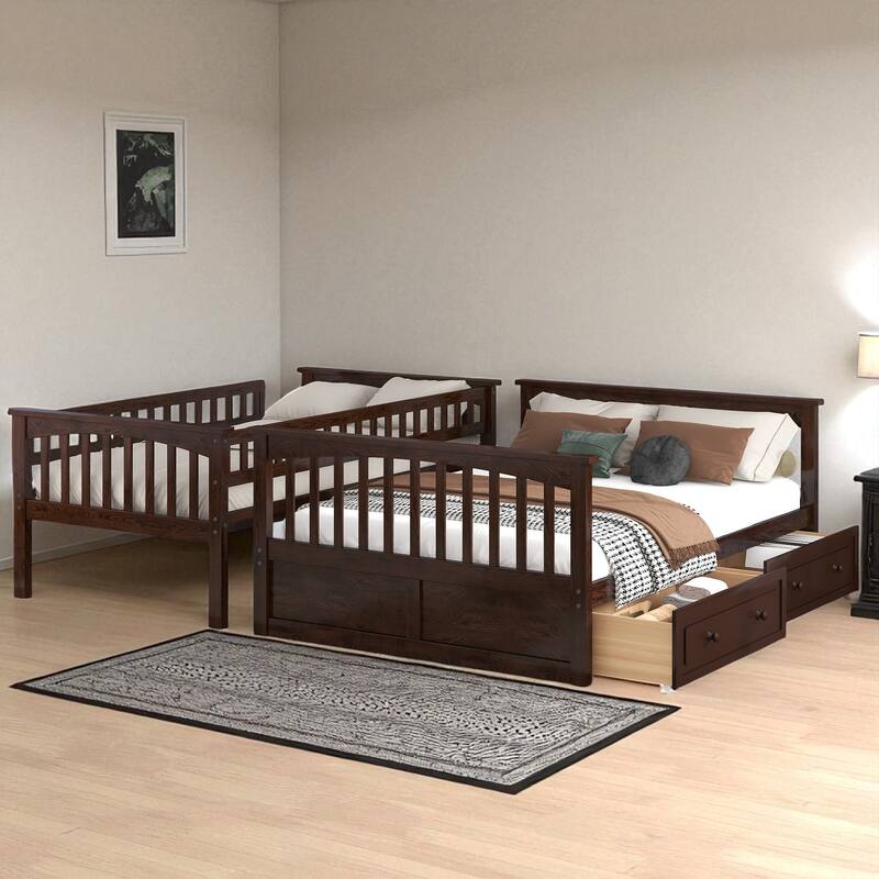 Twin over Full Bunk Bed with Drawers, Convertible to 2 Beds, Pine/MDF, Staircase & Guardrails, 79.7 x 57.5 x 61.2 in