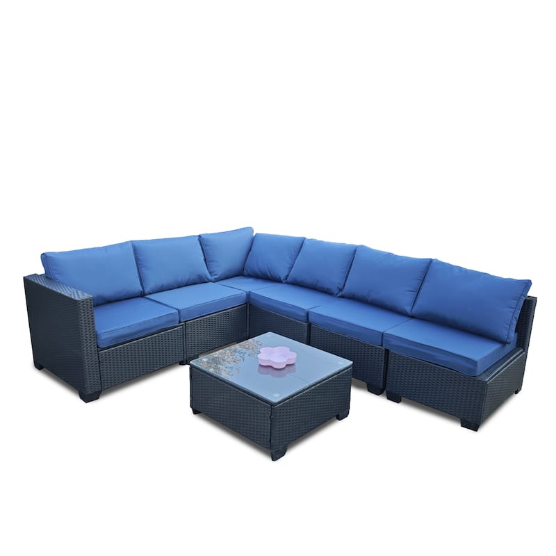 Seven-Piece Sofa Set Table With Sofa Chair Black PE Rattan Outdoor Furniture With Blue Color Cushion