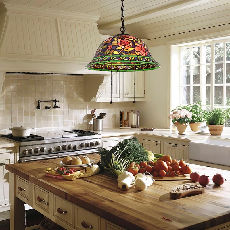 Tiffany-style Southern Belle Rose Hanging Lamp