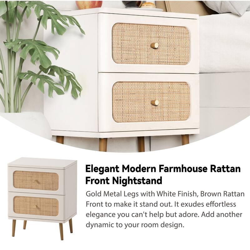 COZAYH Farmhouse Wicker Rattan Nightstand, Boho Mid-Century Coastal Wooden Bedside Table, Wooden Storage Cabinet
