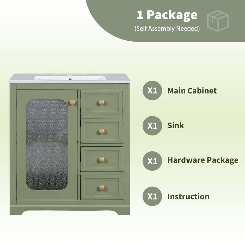 30''/36'' Bathroom Vanity with Sink, 3 Drawers Bathroom Storage Cabinet with Soft-Close Glass Door and Adjustable Shelf