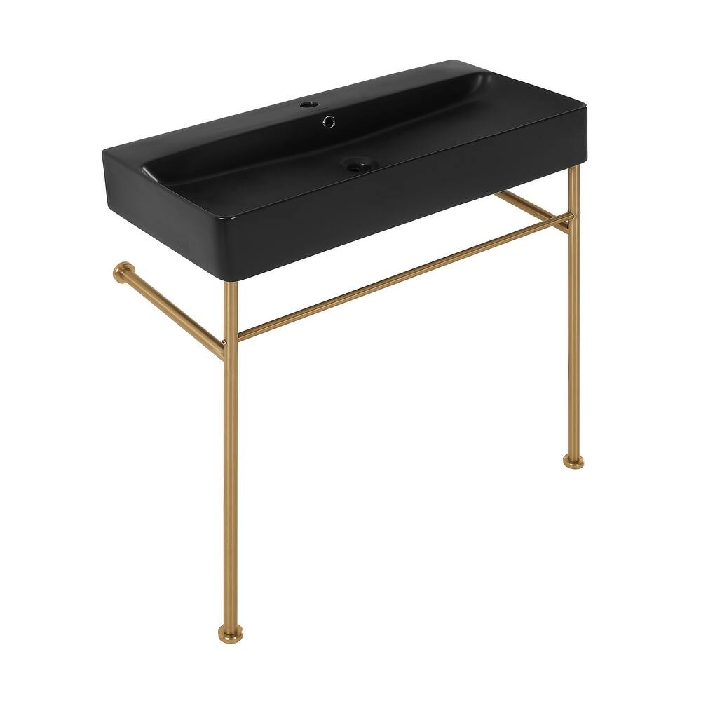 Charme 36 Ceramic Console Sink Matte Black Basin Brushed Gold Legs - 35.45" x 16.35" 35.45"