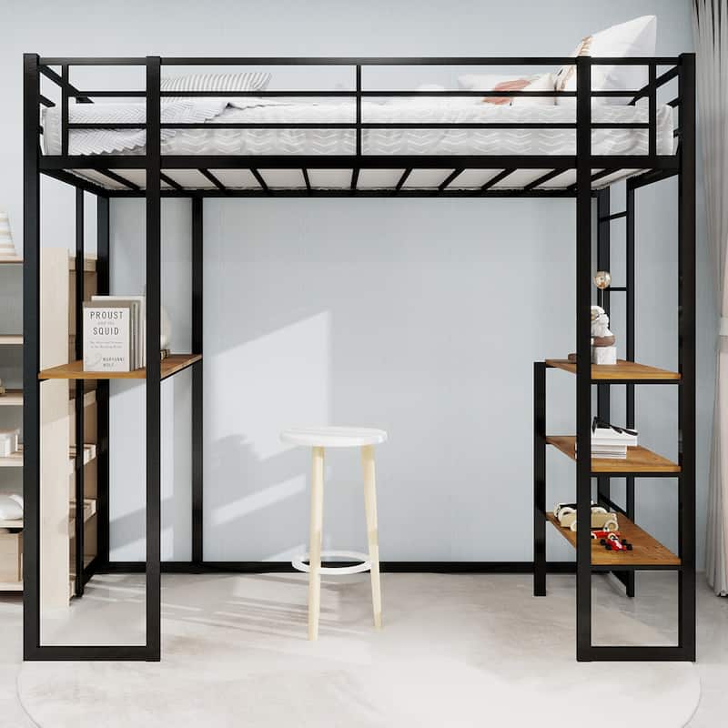 High Iron Bed Frame with Desk, Storage Shelves, Railing and Ladder