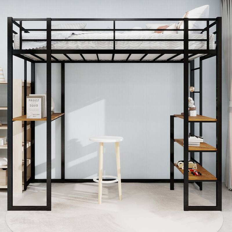 Iron High Loft Bed with Storage Shelves and Desk, Heavy Duty Metal Bed Frame with Safety Guardrail, No Box Spring Needed