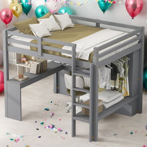 slide 2 of 22, Wood Frame Full Size Loft Bed with L-shaped Desk,Wardrobe and Storage Shelves Grey