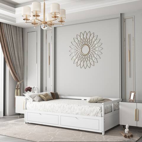 Wooden Daybed with Trundle Bed and Two Storage Drawers ,Extendable Bed