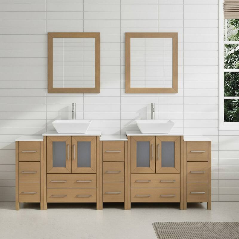 Vanity Art 84-Inch Double Sink Bathroom Vanity Set with Engineered Marble Top and Free Mirror - 84 W X 18.5 D X 31.1 H - Natural Oak