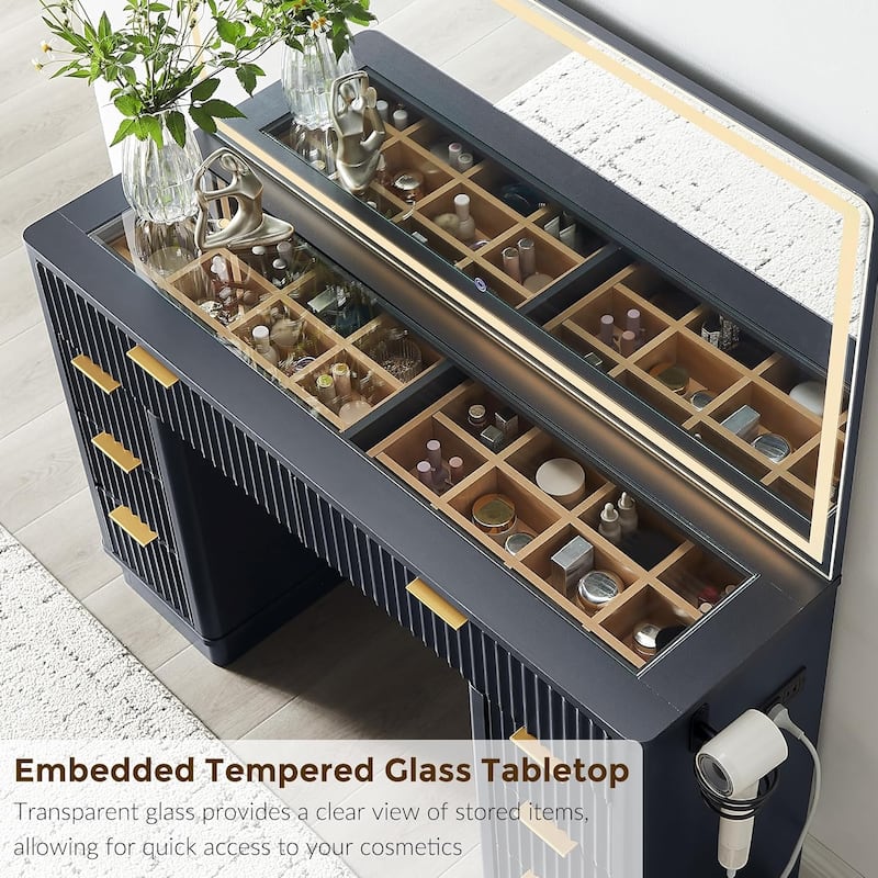 Modern Fluted Makeup Vanity Desk with Mirror, Lights, Charging Station