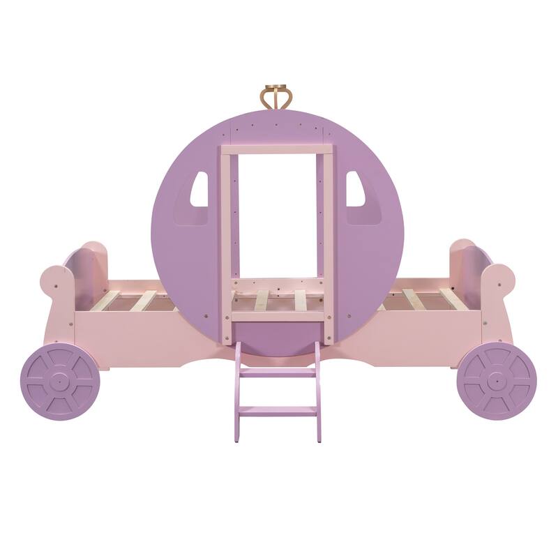 Twin Size Princess Carriage Bed with Crown, Wood Platform Car Bed with Stair, Purple and Pink