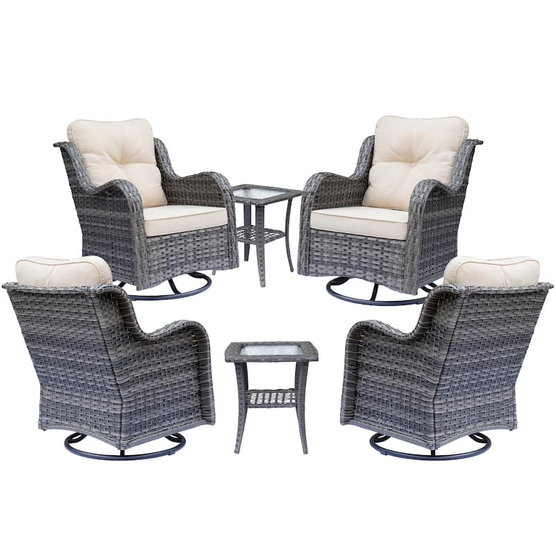 6 Piece Outdoor High Back Wicker Patio Conversation Swivel Chairs Sets