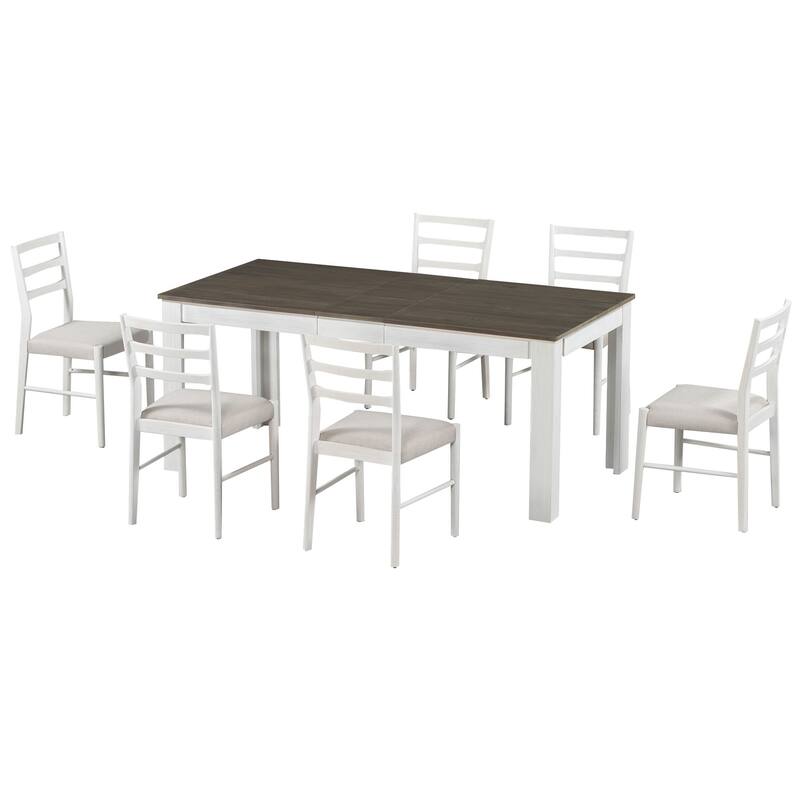 Brown+White Rustic 7-Piece Wooden Dining Table Set with 6 Chairs & Extendable Table