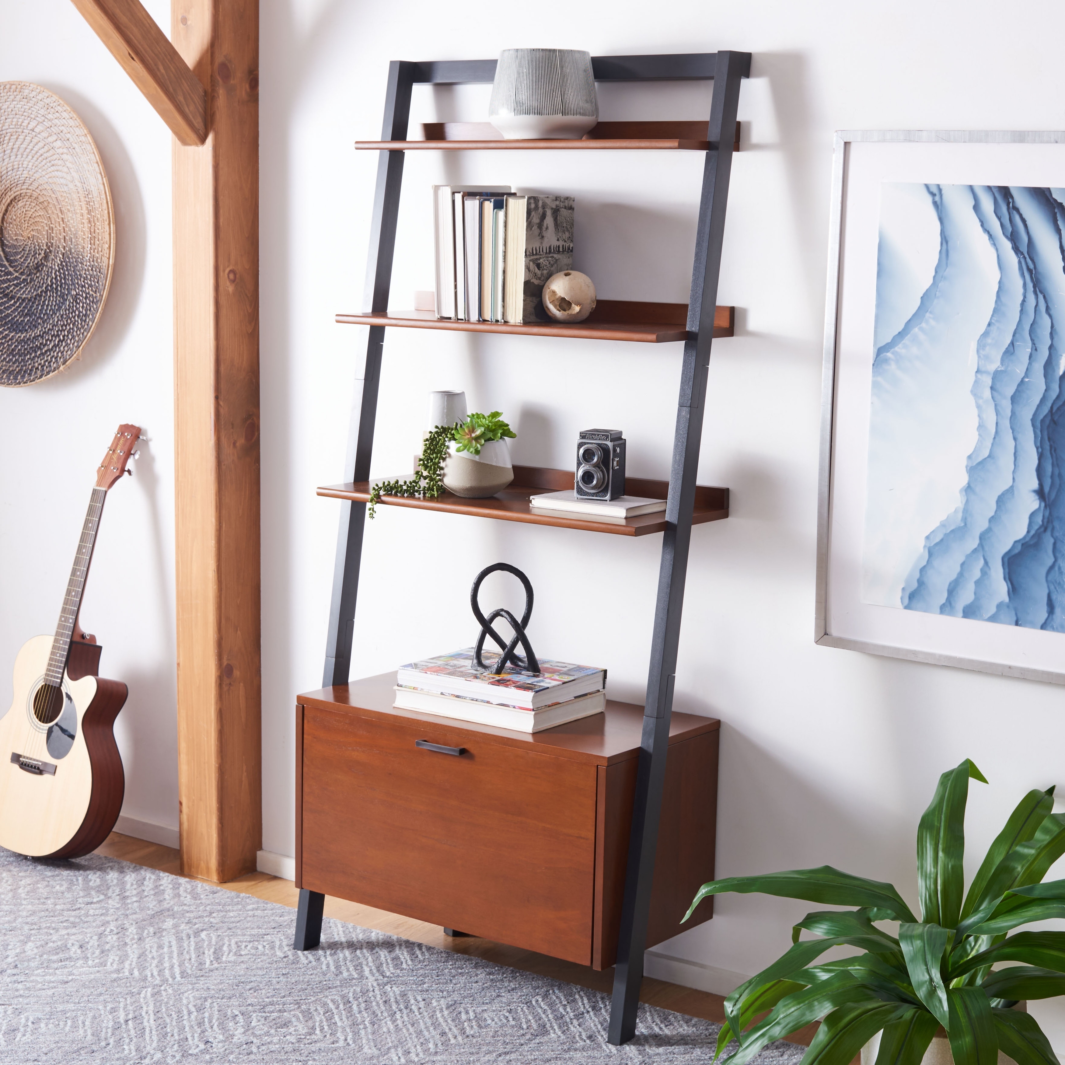 SAFAVIEH Fadime Natural/Charcoal 3-Shelf 1 Door Etagere - 32" W x 15.4" L x 72" H - 32Wx15Dx72H