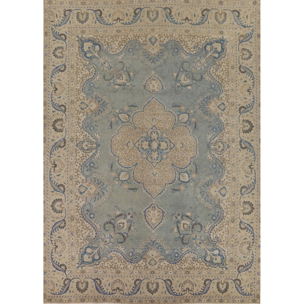 Distressed Blue Tabriz Vintage Persian Area Rug Handmade Wool Carpet - 9'7" x 12'2"