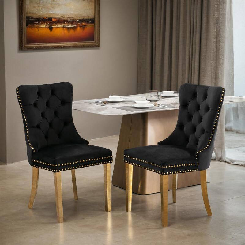 Solid Wood Contemporary Velvet Upholstered Dining Chair with Golden Stainless Steel Plating Legs,Nailhead Trim,Set of 2