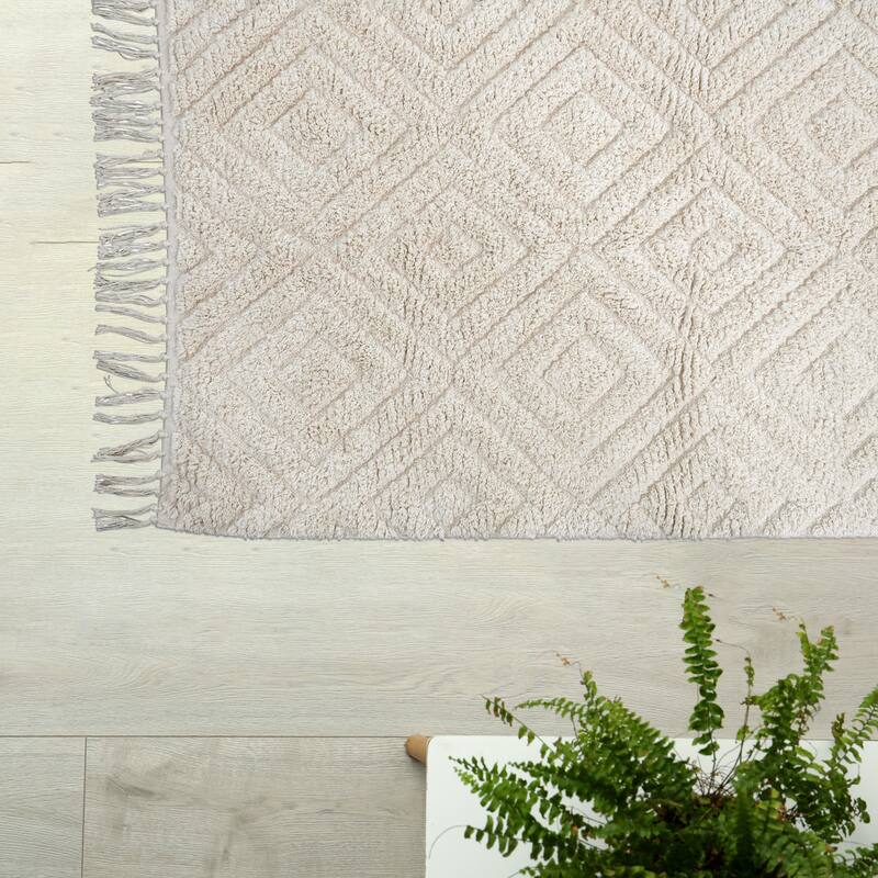 Cotton Tufted Rug with Diamond Pattern and Fringe - 65" L x 36" W x 0" H