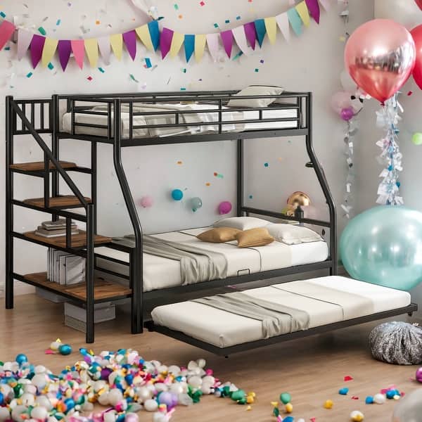 slide 2 of 9, Modern Versatile Twin Over Full Bunk Bed With Trundle And Storage Staircase for Bedroom Black