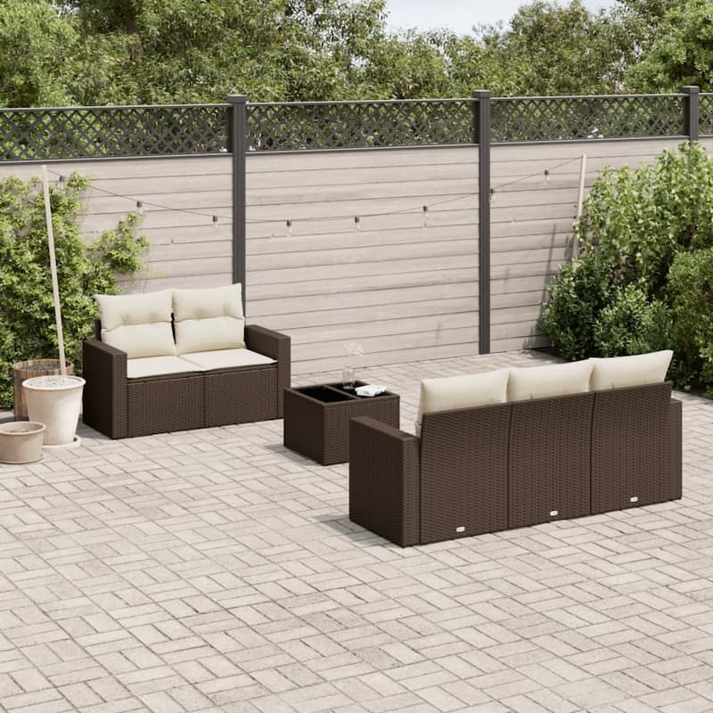vidaXL Patio Sofa Set with Cushions Outdoor Furniture 6 Piece Poly Rattan - 21.7 x 21.7 x 14.6 - Brown and cream