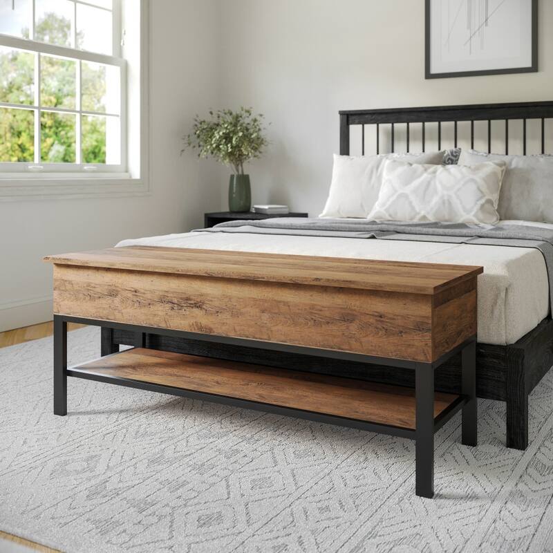 Farmhouse Entryway Bench with Hinged Lift Top and Storage