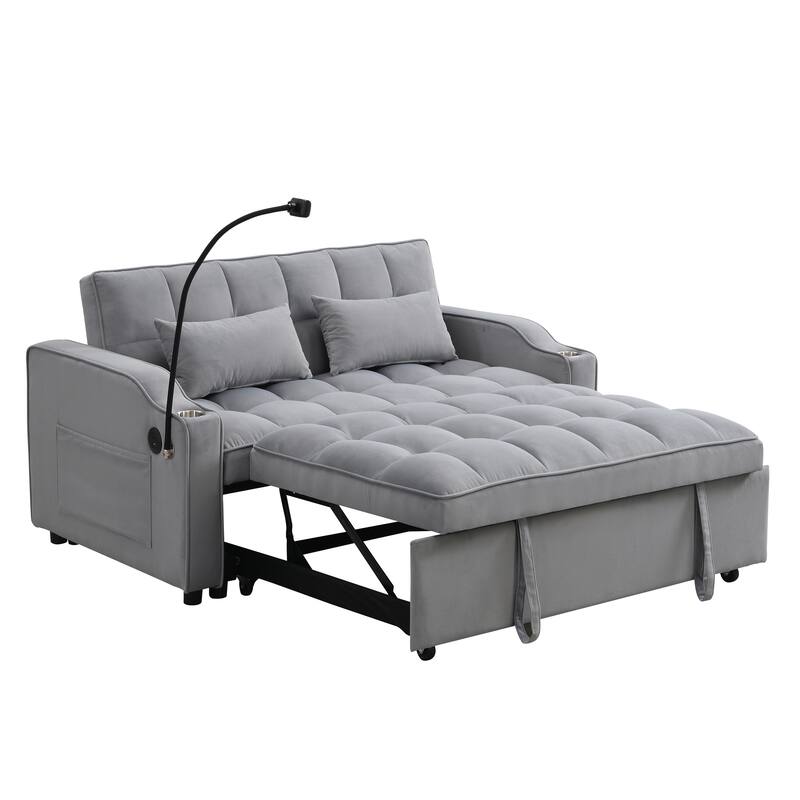 Convertible Sofa Bed with Holders, Velvet Loveseat with Reclining Backrest, Small Sofa with Toss Pillows and Pockets