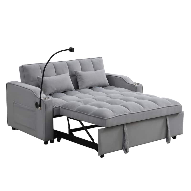 Light Gray Velvet Convertible Sleeper Loveseat Sofa with Adjustable Backrest