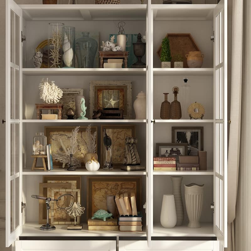 China Cabinet Tempered Glass Doors Storage Cabinet White Tall Bookcase