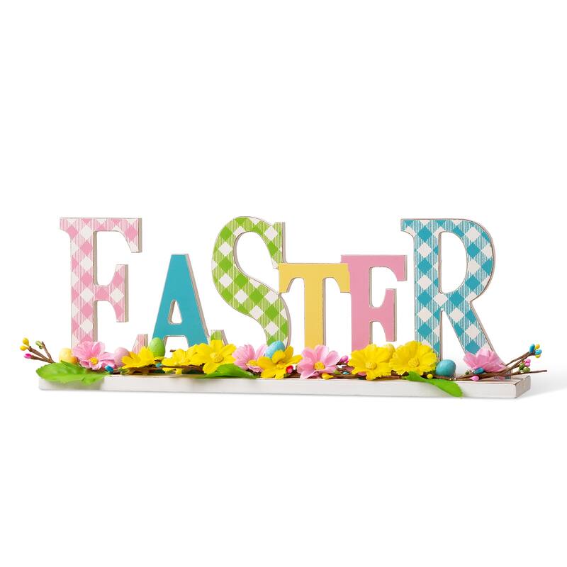 Glitzhome Wooden EASTER HOP Happy Easter with Artificial Rattan Table Sign Decor Centerpiece
