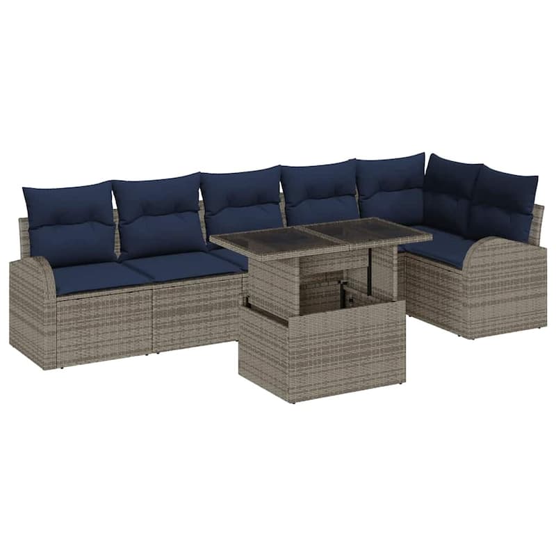 vidaXL 7 Garden Sofa Set with Cushions Black/Brown/Grey Poly Rattan - 113.8 x 48.8 x 27.2