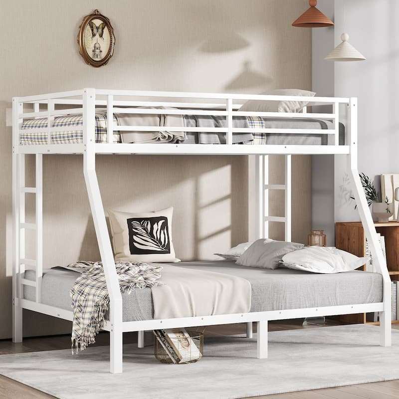 White Metal Twin over Full Bunk Bed Frame with Slats, 2 Side Ladder - Twin/Full