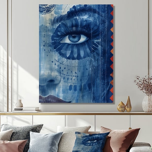 slide 2 of 6, Designart "Blue Boho Woman Portrait III" Woman Boho Canvas Wall Art - Modern Wall Decor Art Blue Wall Art Print