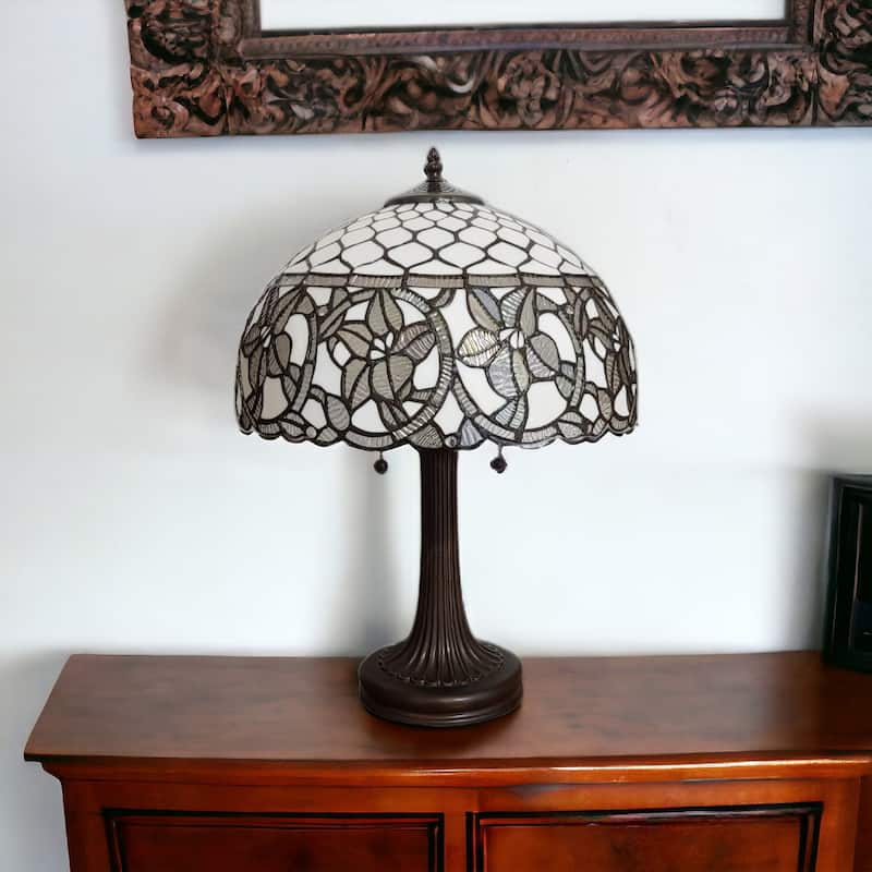 Vintage Stained Glass Two Light Table Lamp with Dark Brown Metal Base - 12” x 21” x 23” - Dark-Brown-White
