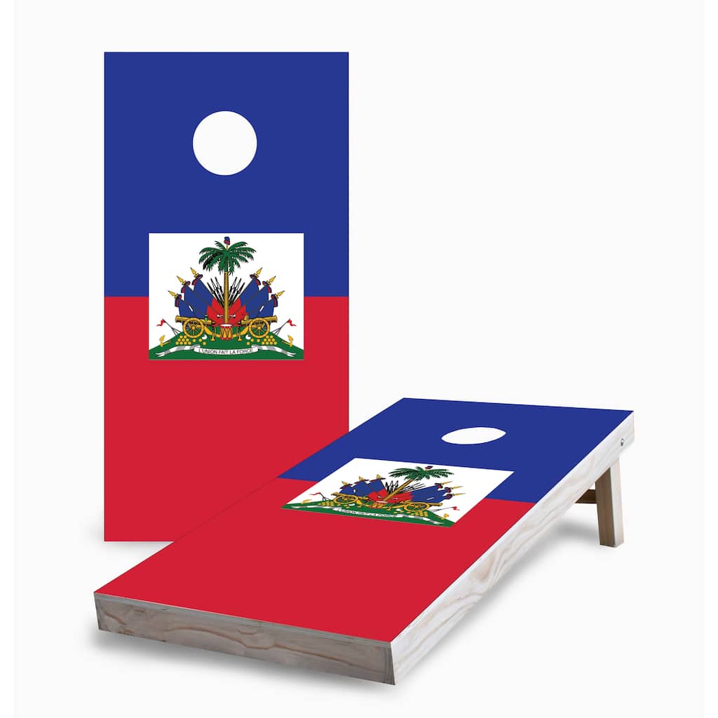 Haitian Flag Corn Hole Board Set w Case & Lights