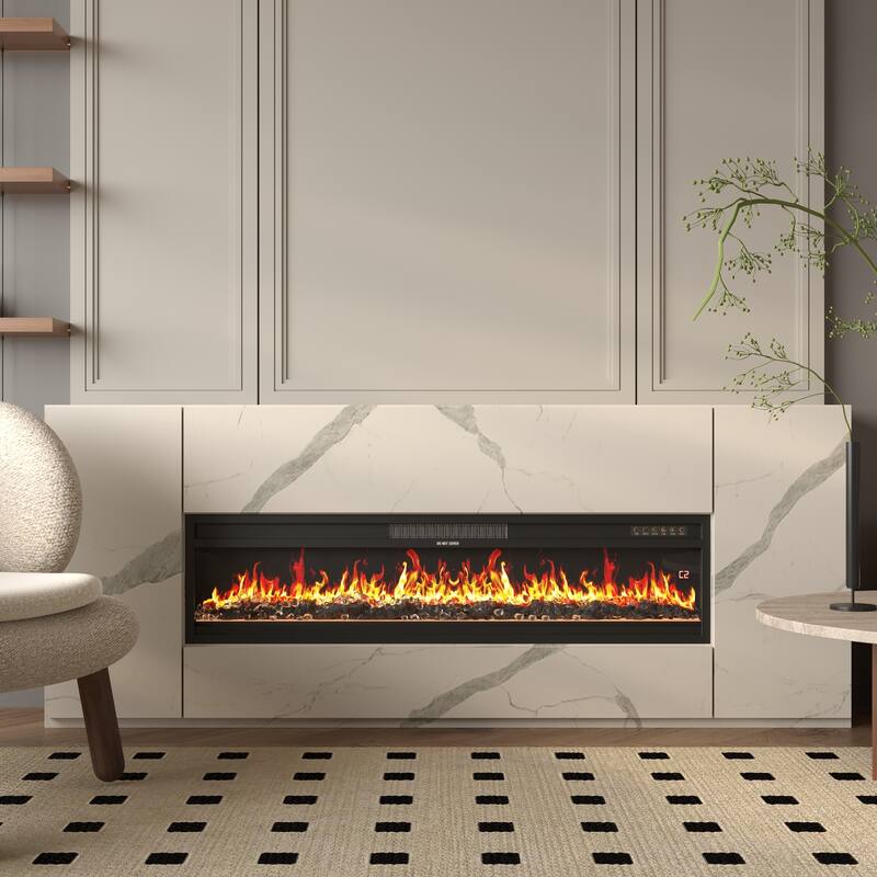 Modern Black Fireplace TV Stand Combo,Remote Fireplace Heater,2 Drawers,Light Strip & USB