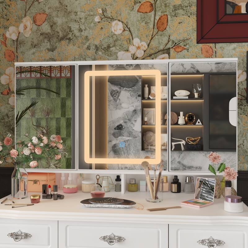 White Makeup Vanity Desk with LED Mirror, 9-Drawer Vanity Table with Storage Cabinets for Bedroom