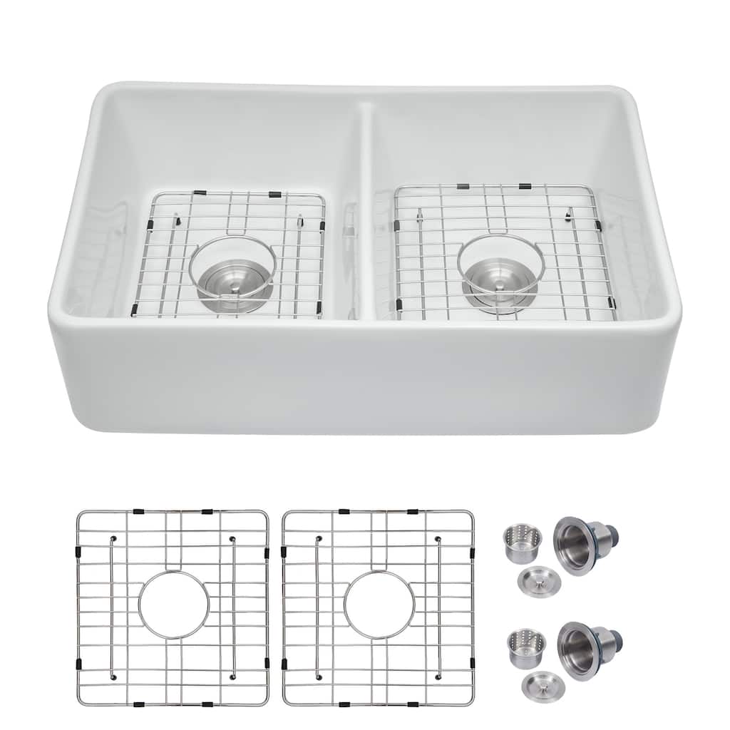 Kichae 32 Inch Ceramic Sink Undermount Double Bowl Low Divider White Kitchen Sink - 32 in.W x 20 in.D x 9 in.H