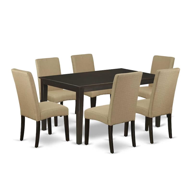 HomeStock 7-Piece Rectangle Cappuccino Finish Solid Wood Top Dining Table with 6 Parson-Chairs with Lattice Back