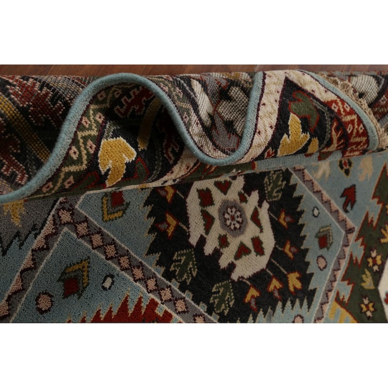 Light Blue Geometric Kazak Indian Area Rug Hand-Knotted Wool Carpet - 8'0"x 10'2"