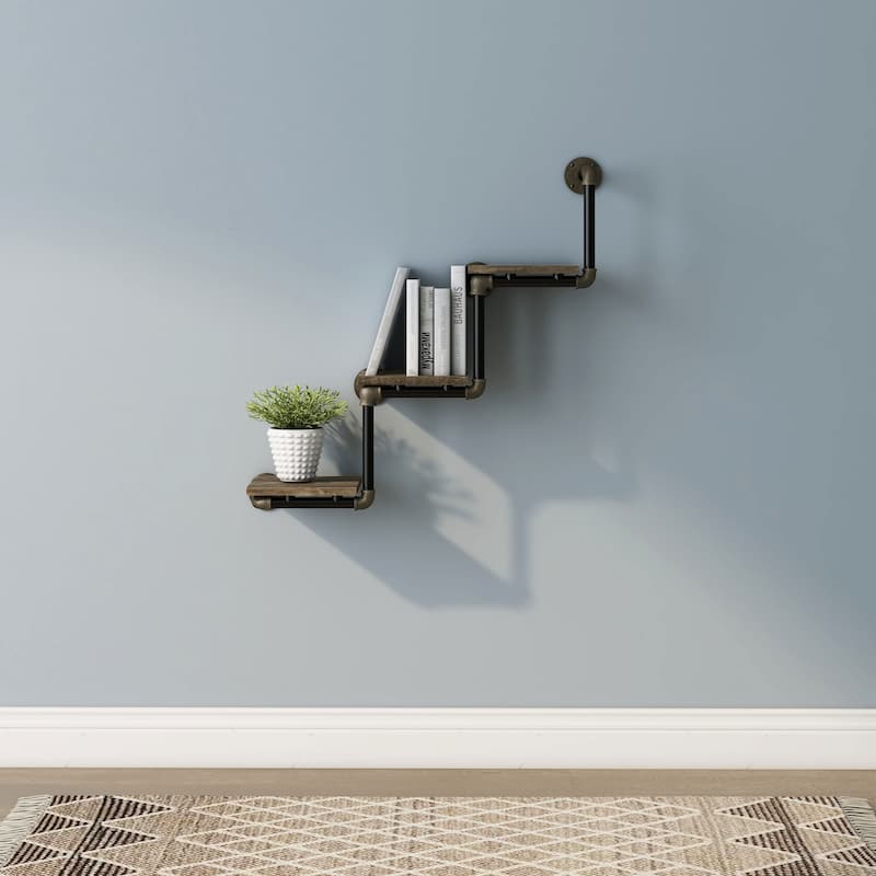 DH BASIC Industrial Reclaimed Oak Metal 3-Tier Wall Shelf by Denhour