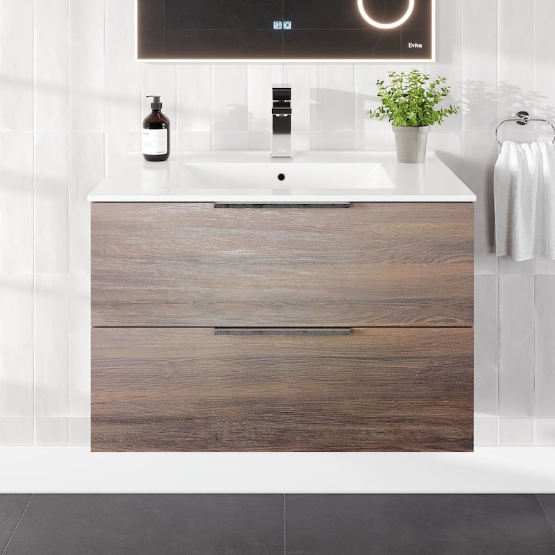 Marina 32 in. Wenge Wall MountSingle Sink Bath Vanity with Porcelain Top and Integrated Sink
