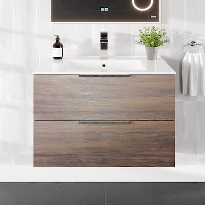 Marina 32 in. Wenge Wall MountSingle Sink Bath Vanity with Porcelain Top and Integrated Sink