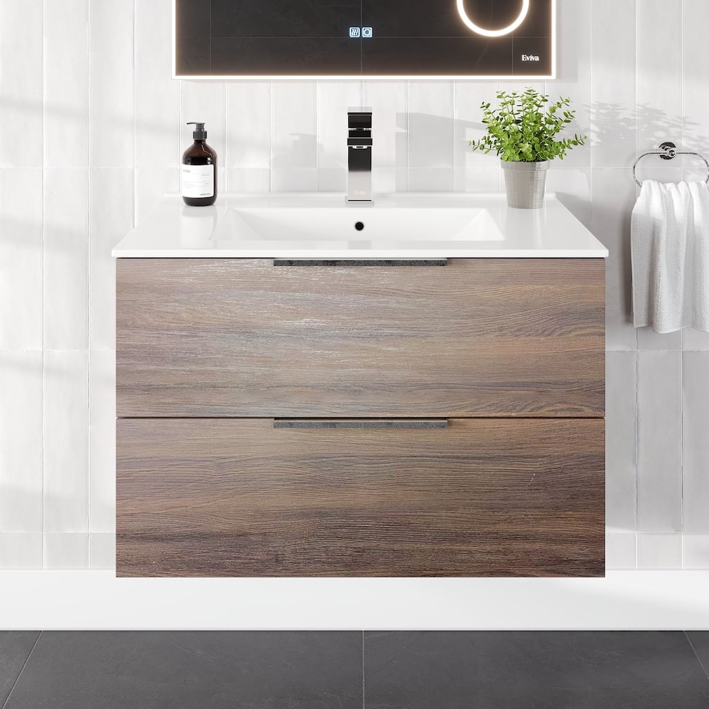 Marina 32 in. Wenge Wall MountSingle Sink Bath Vanity with Porcelain Top and Integrated Sink