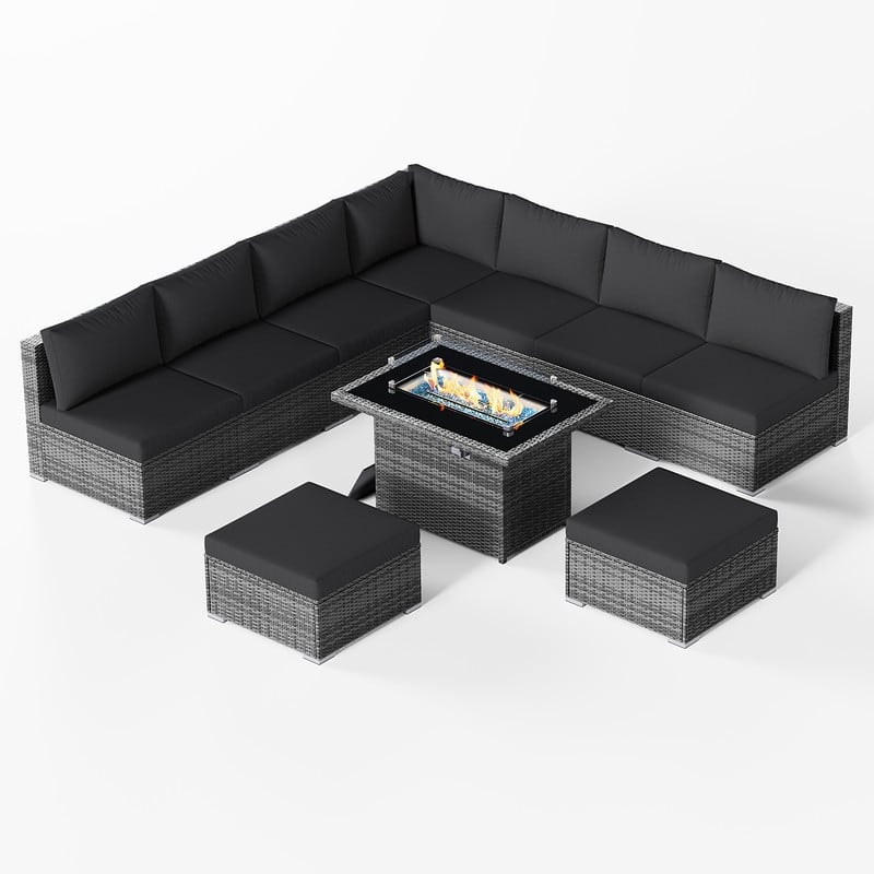 FINCATI 10-Piece Outdoor Wicker Sectional Furniture Set with Fire Pit Table for Backyard Patio - 10 PCS - Black