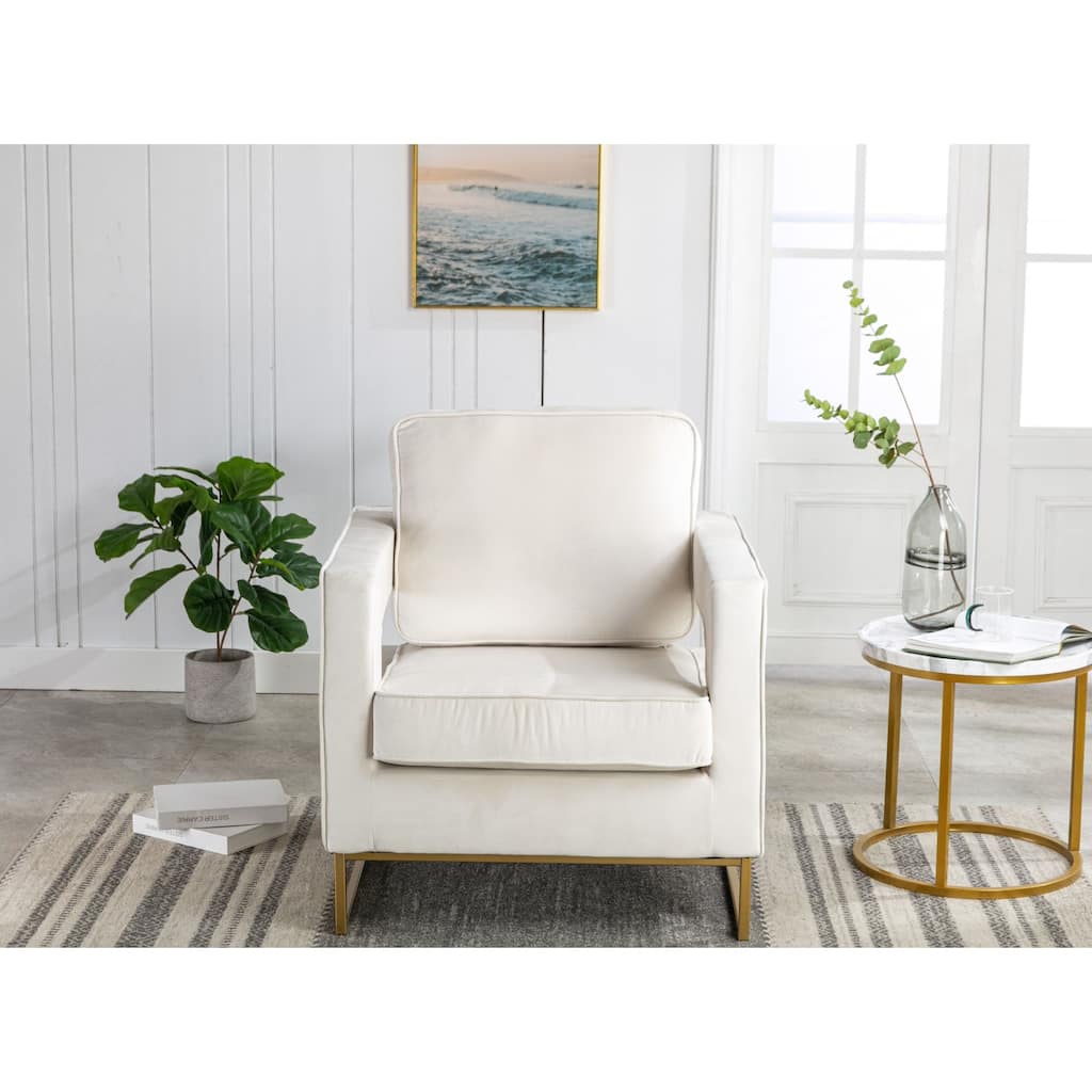 Upholstered Velvet Armchair with Squared Edges - 35.5" - Cream