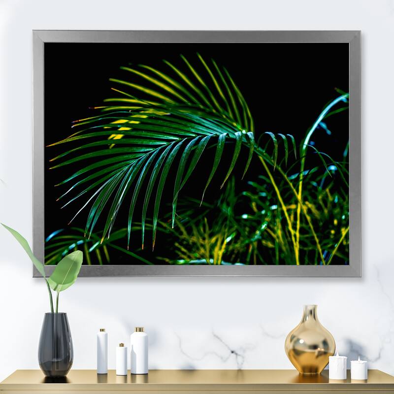 Designart "Abstract Tropical Green Palm Leaves" Tropical Framed Art Print - 32 In. Wide x 16 In. High - Silver