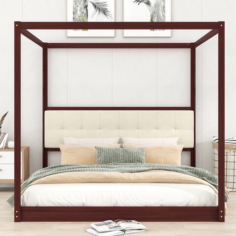King Wooden Canopy Platform Bed with Upholstered Headboard, Espresso