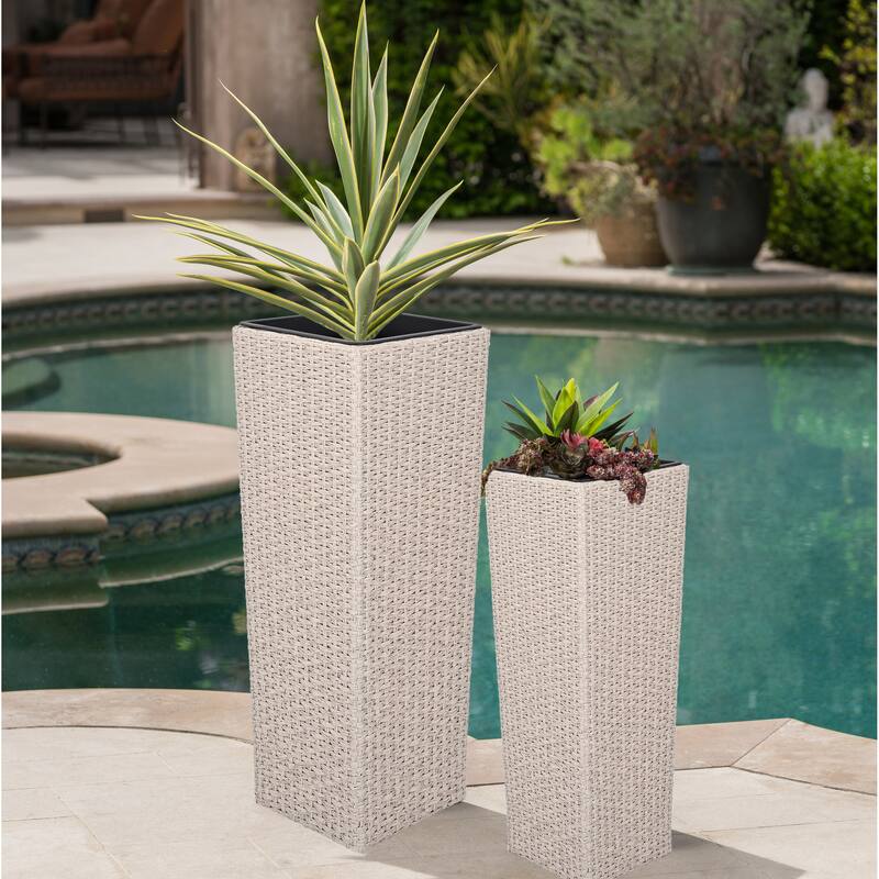 Outdoor Wicker Flower Pots 2-Pcs Set, Square Planter Box